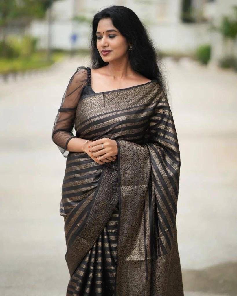 Vamika Weaving Banarasi Jacquard Black Kanjivaram Saree | Swadesiicart