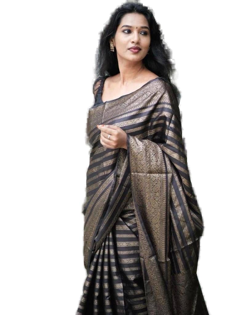Vamika Weaving Banarasi Jacquard Black Kanjivaram Saree | Swadesiicart