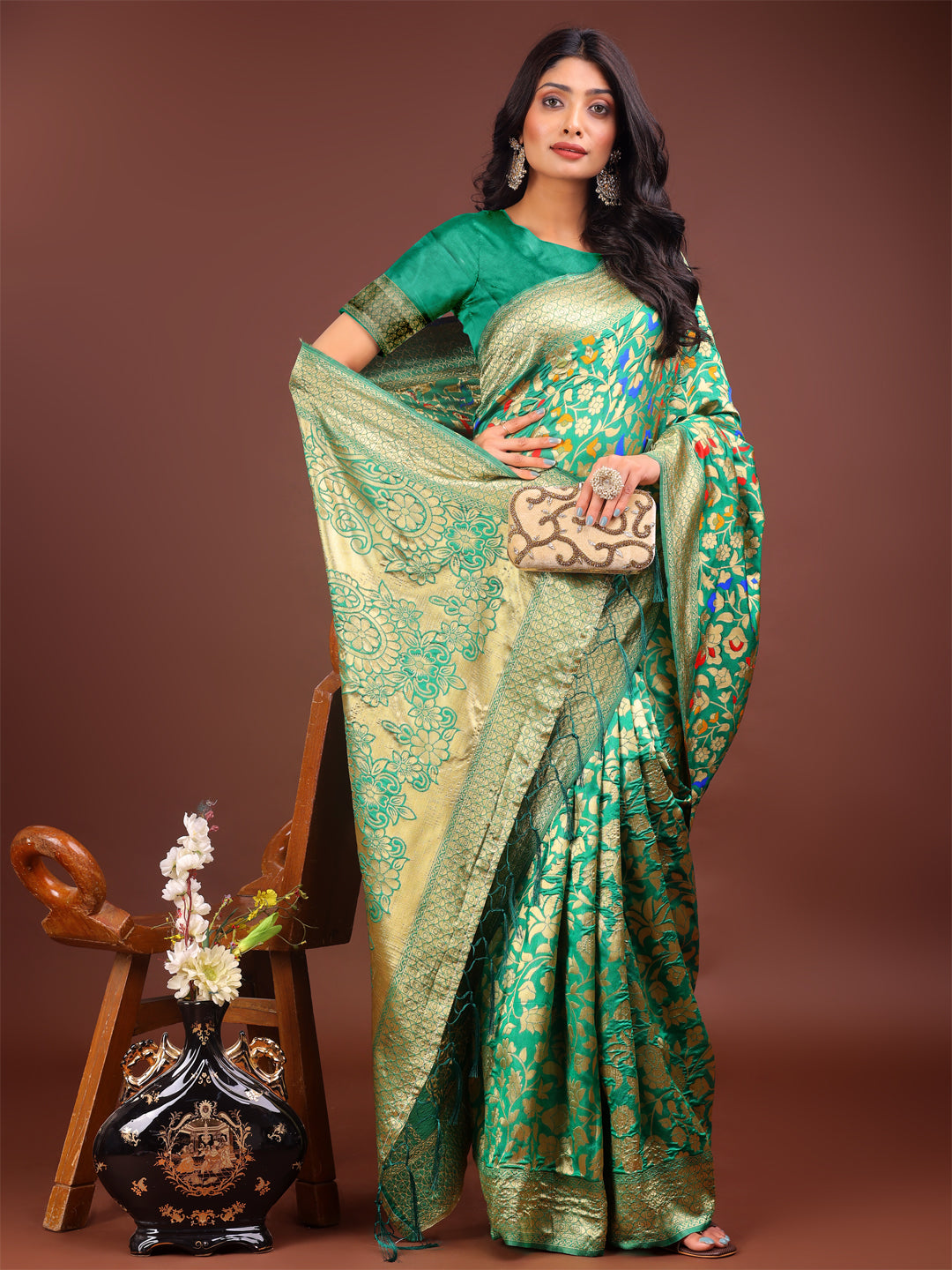 Shree Shyam Fashion Majestic Green Silk Saree with Gold Zari & Floral Design - Perfect for Festive & Traditional Occasions