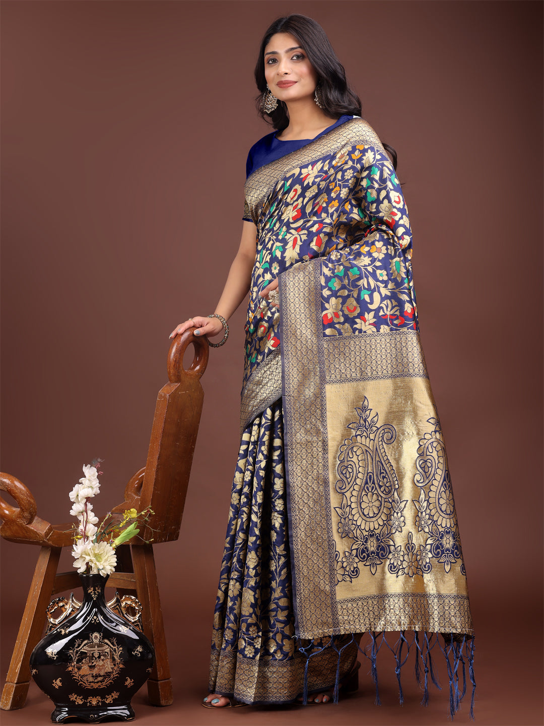 Shree Shyam Fashion Majestic Navy Blue Silk Saree with Gold Zari & Floral Design - Perfect for Festive & Traditional Occasions