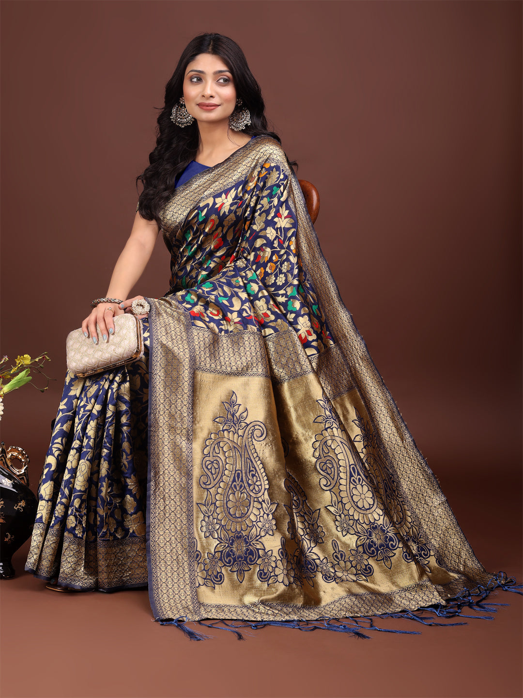Shree Shyam Fashion Majestic Navy Blue Silk Saree with Gold Zari & Floral Design - Perfect for Festive & Traditional Occasions