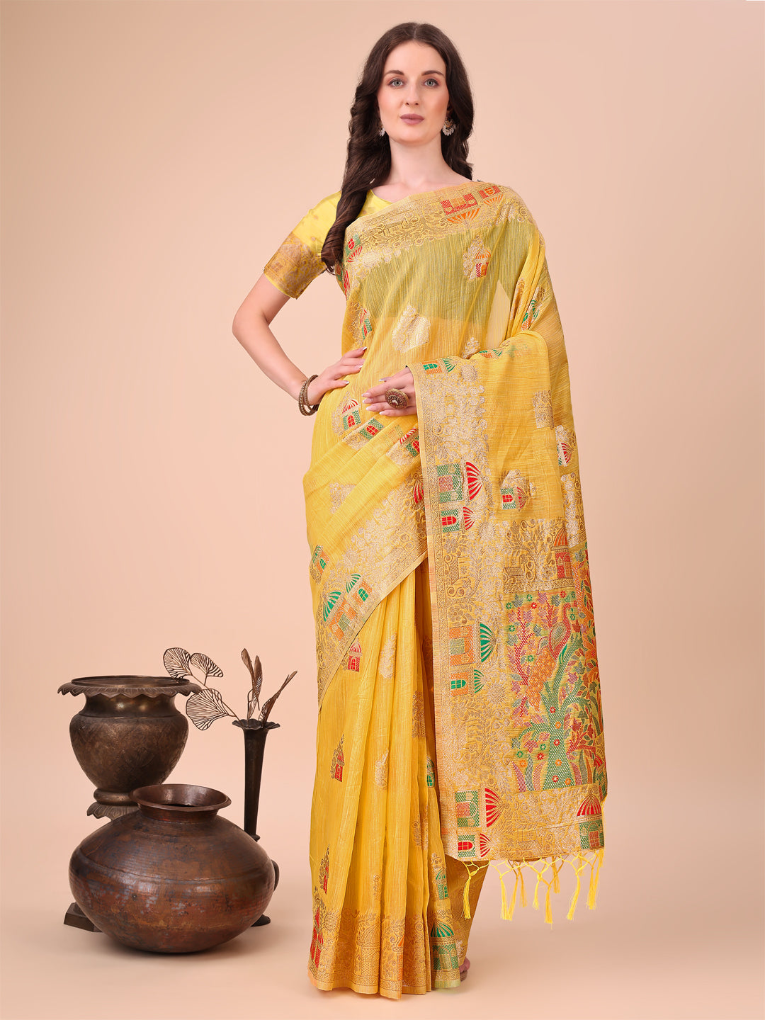 Shree Shyam Fashion Yellow Linen Saree with Multicolor Weaving & Zari Pallu - Elegant & Lightweight for Everyday Grace