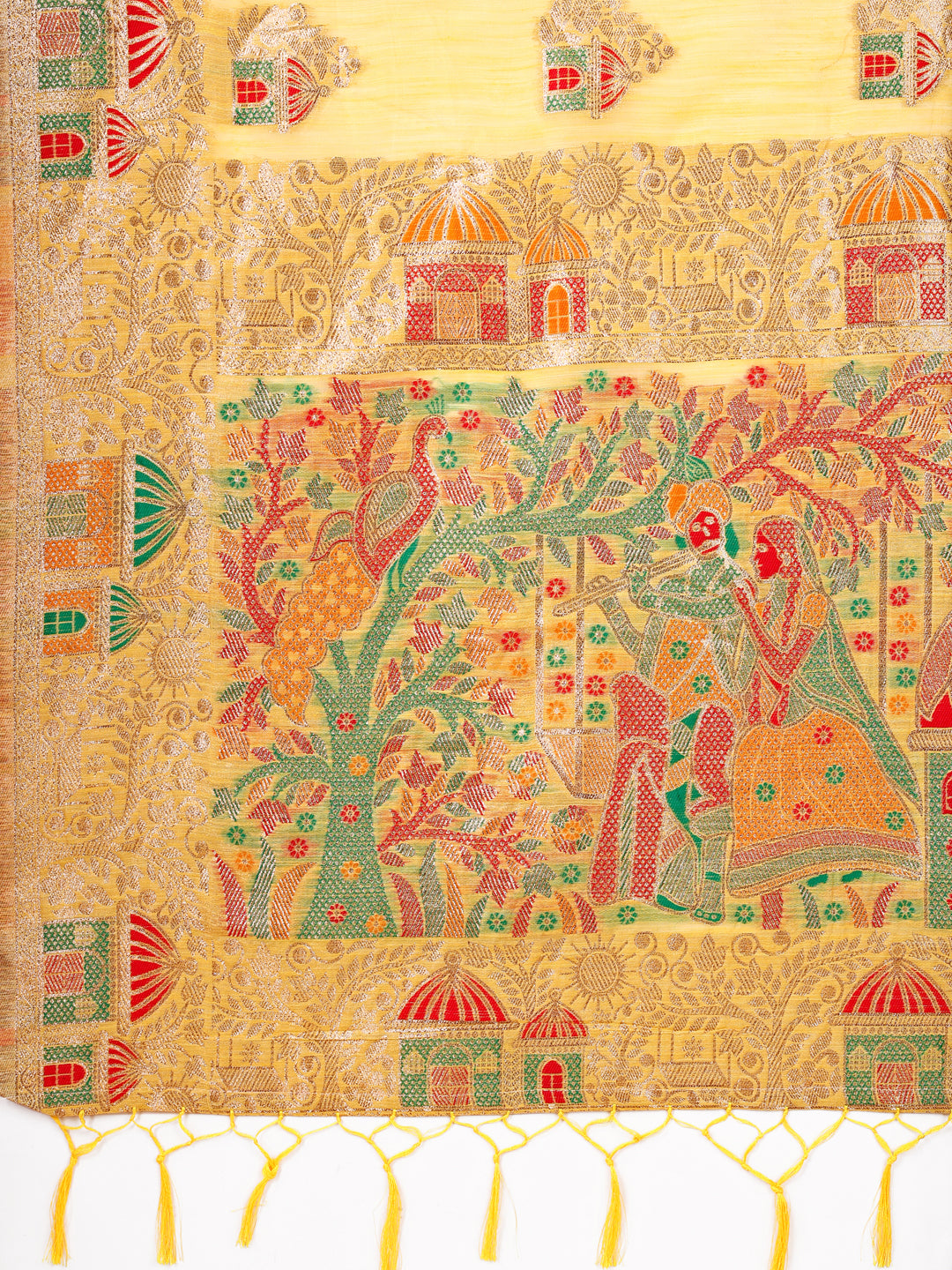 Shree Shyam Fashion Yellow Linen Saree with Multicolor Weaving & Zari Pallu - Elegant & Lightweight for Everyday Grace