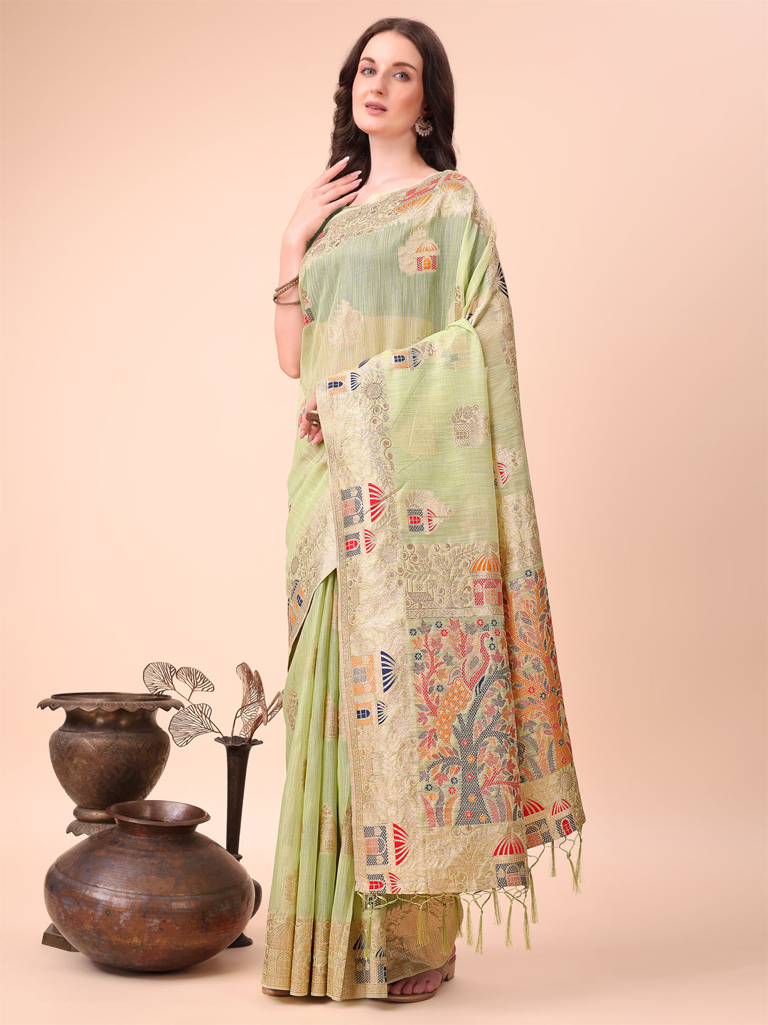 Shree Shyam Fashion Light Green Linen Saree with Multicolor Weaving & Zari Pallu - Elegant & Lightweight for Everyday Grace