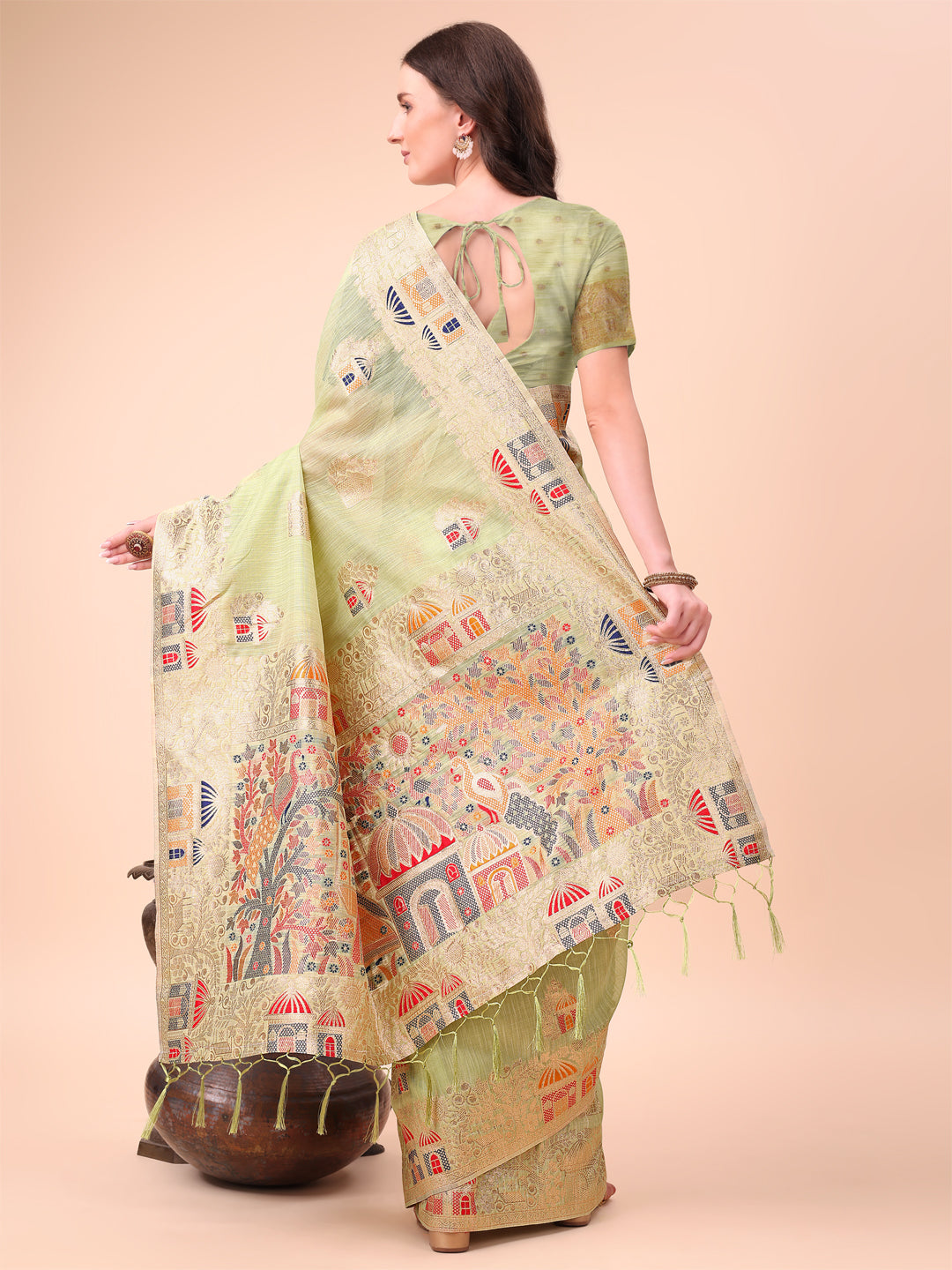 Shree Shyam Fashion Light Green Linen Saree with Multicolor Weaving & Zari Pallu - Elegant & Lightweight for Everyday Grace