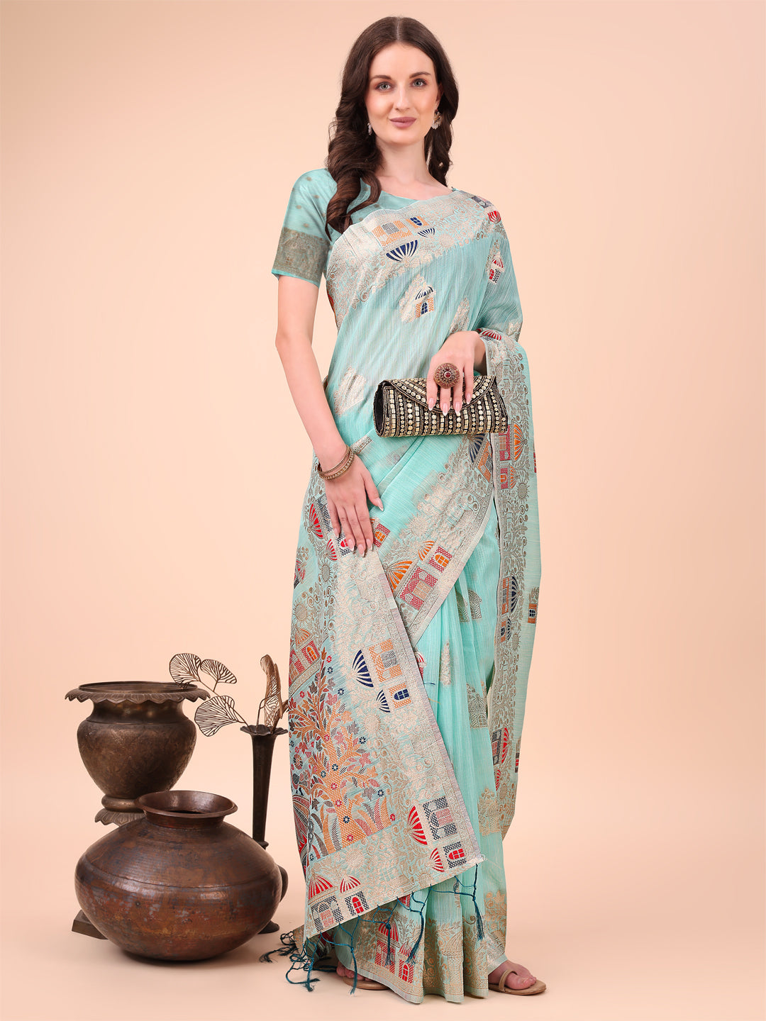 Shree Shyam Fashion Sky Blue Linen Saree with Multicolor Weaving & Zari Pallu - Elegant & Lightweight for Everyday Grace