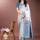 Shree Shyam Fashion Graceful Cream & Sky Blue Linen Cotton Saree with Rich Zari Pallu - A Touch of Royal Comfort