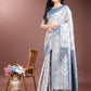 Shree Shyam Fashion Graceful Cream & Sky Blue Linen Cotton Saree with Rich Zari Pallu - A Touch of Royal Comfort