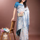 Shree Shyam Fashion Graceful Cream & Sky Blue Linen Cotton Saree with Rich Zari Pallu - A Touch of Royal Comfort