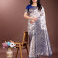 Shree Shyam Fashion Graceful Cream & Navy Blue Linen Cotton Saree with Rich Zari Pallu - A Touch of Royal Comfort