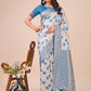 Shree Shyam Fashion Elegant Off-White & Sky Blue Linen Cotton Saree with Zari Woven Border and Pallu - Soft Lightweight Saree for Daily,Festive & Office Wear