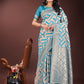 Shree Shyam Fashion Elegant Sea Green & Cream Linen Saree with Geometric Design and Zari Border - Festive & Party Wear