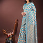 Shree Shyam Fashion Elegant Sea Green & Cream Linen Saree with Geometric Design and Zari Border - Festive & Party Wear