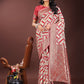 Shree Shyam Fashion Elegant Red & Cream Linen Saree with Geometric Design and Zari Border - Festive & Party Wear