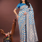 Shree Shyam Fashion Elegant Sky Blue & Cream Linen Saree with Geometric Design and Zari Border - Festive & Party Wear