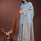 Shree Shyam Fashion Elegant Sky Blue & Cream Linen Saree with Geometric Design and Zari Border - Festive & Party Wear