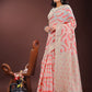 Shree Shyam Fashion Elegant Beige & Coral Linen Saree with Zari Border and Abstract Pattern - Premium Festive & Office Wear