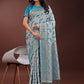 Shree Shyam Fashion Stunning Beige & Sea Green Linen Saree with Floral Print and Rich Zari Pallu - Festive & Traditional Wear