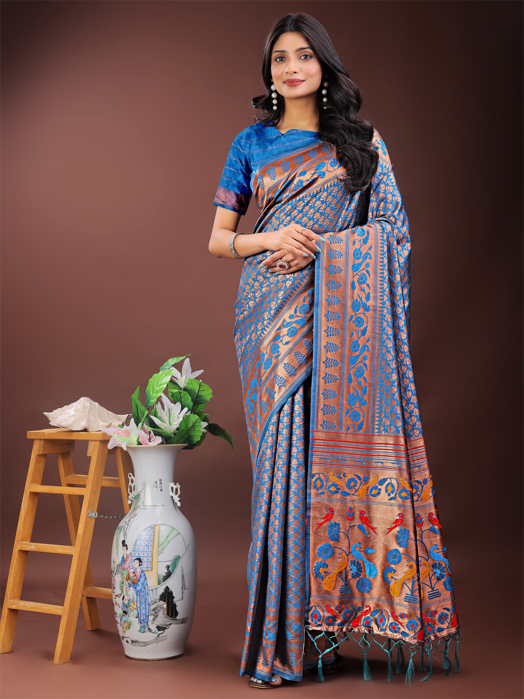Astita Vibrant Copper & Blue Banarasi Silk Saree with Colorful Pallu - Perfect Blend of Tradition and Festive Elegance | Swadesiicart