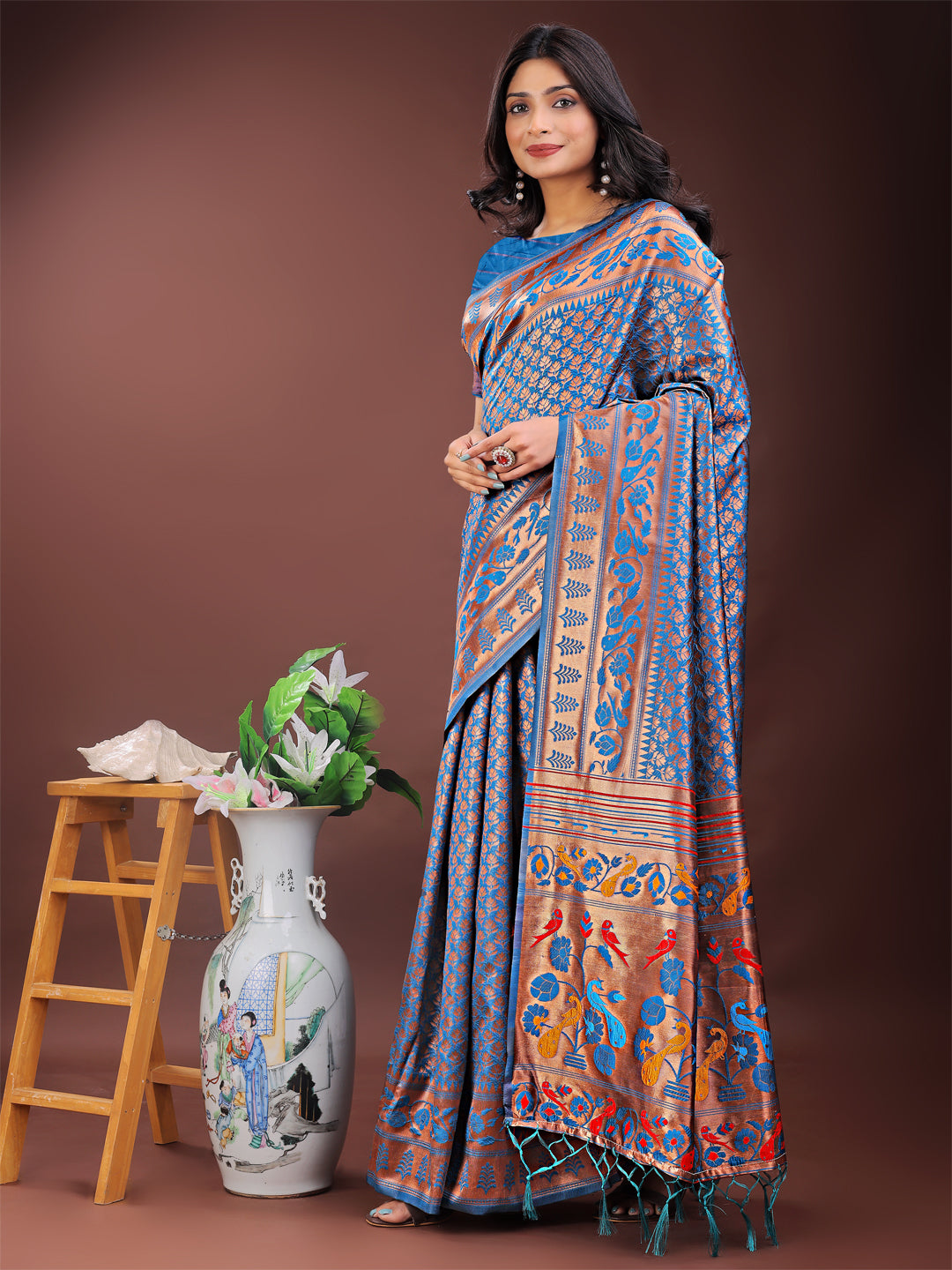 Astita Vibrant Copper & Blue Banarasi Silk Saree with Colorful Pallu - Perfect Blend of Tradition and Festive Elegance | Swadesiicart