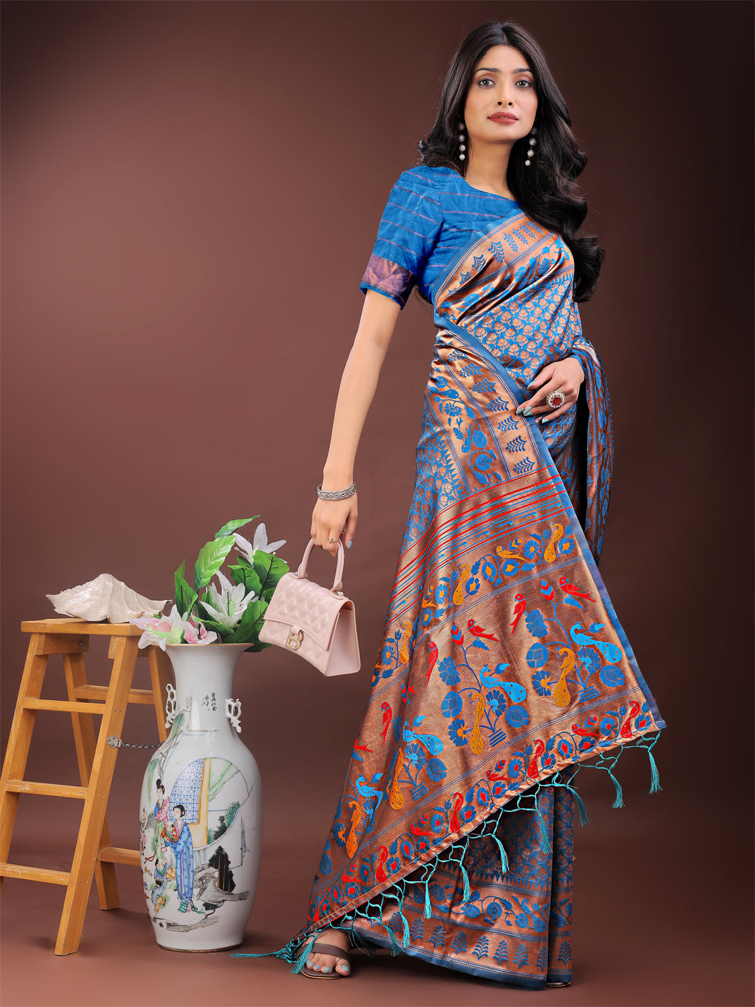 Astita Vibrant Copper & Blue Banarasi Silk Saree with Colorful Pallu - Perfect Blend of Tradition and Festive Elegance | Swadesiicart