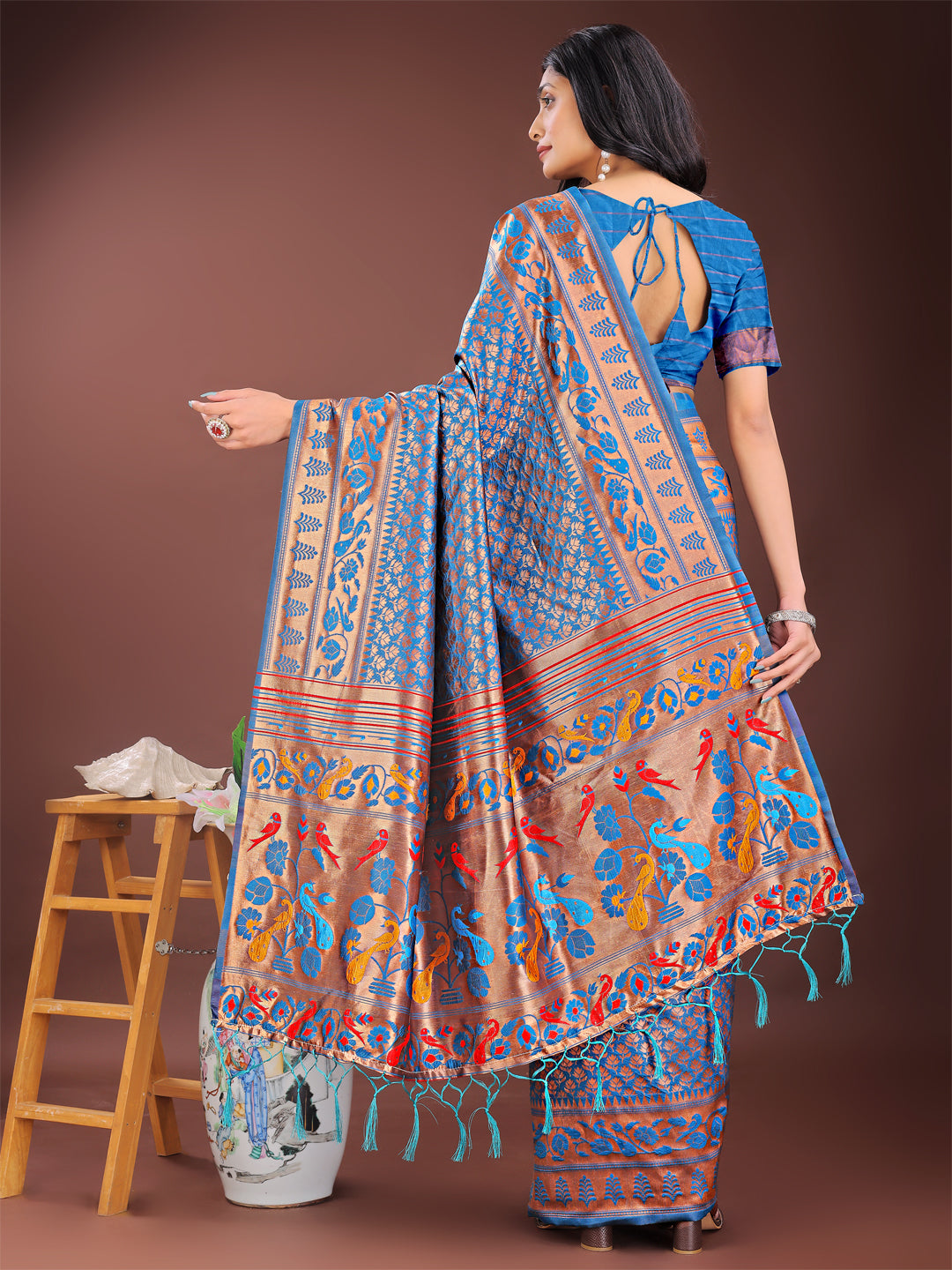 Astita Vibrant Copper & Blue Banarasi Silk Saree with Colorful Pallu - Perfect Blend of Tradition and Festive Elegance | Swadesiicart