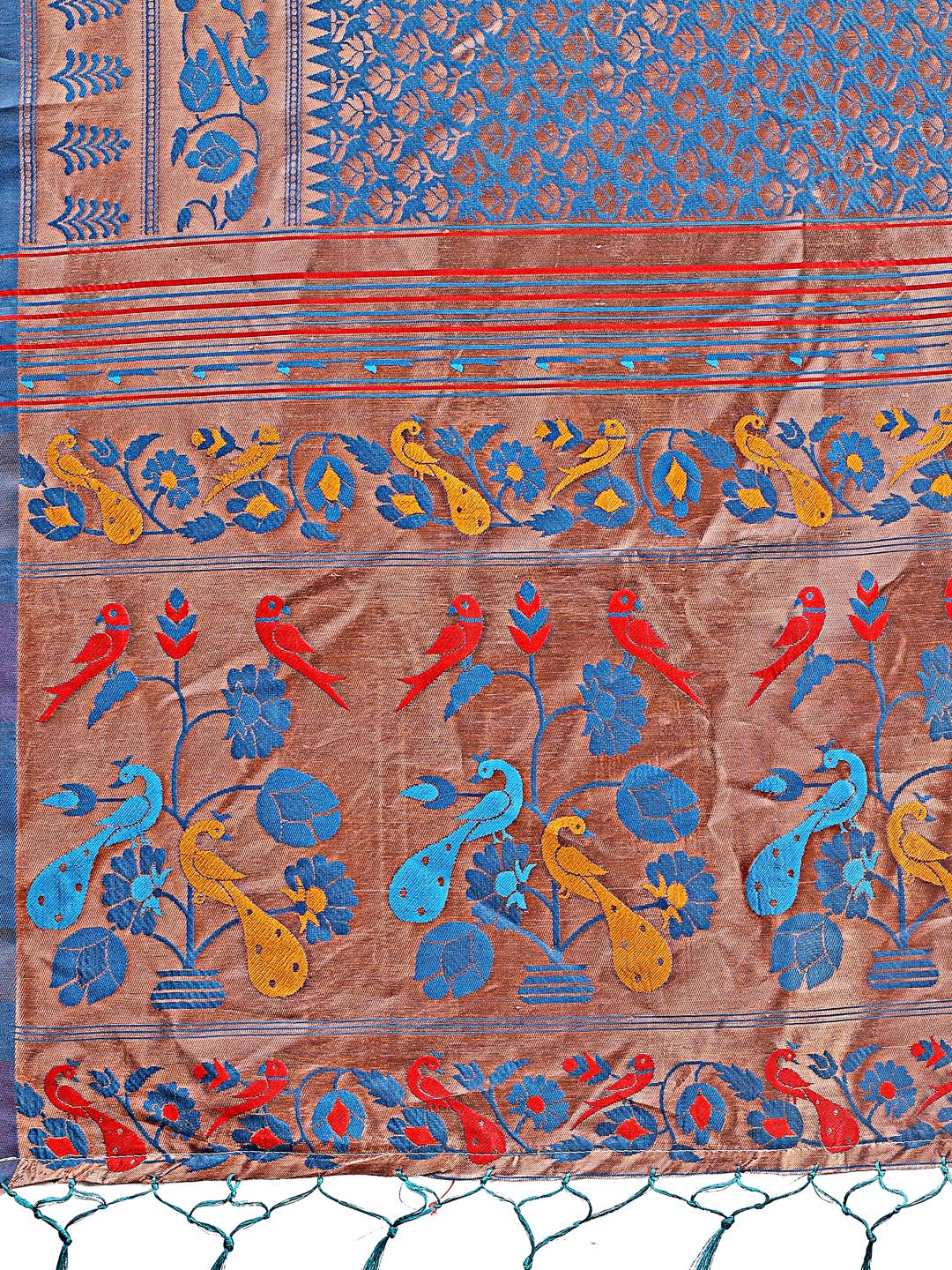 Astita Vibrant Copper & Blue Banarasi Silk Saree with Colorful Pallu - Perfect Blend of Tradition and Festive Elegance | Swadesiicart