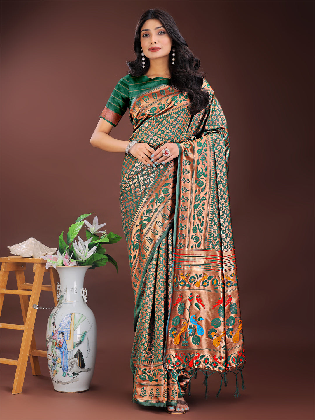 Astita Vibrant Copper & Green Banarasi Silk Saree with Colorful Pallu - Perfect Blend of Tradition and Festive Elegance | Swadesiicart