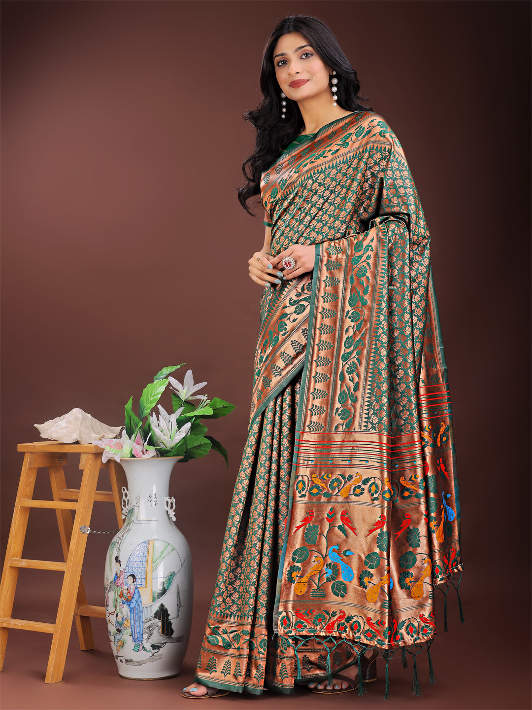 Astita Vibrant Copper & Green Banarasi Silk Saree with Colorful Pallu - Perfect Blend of Tradition and Festive Elegance | Swadesiicart