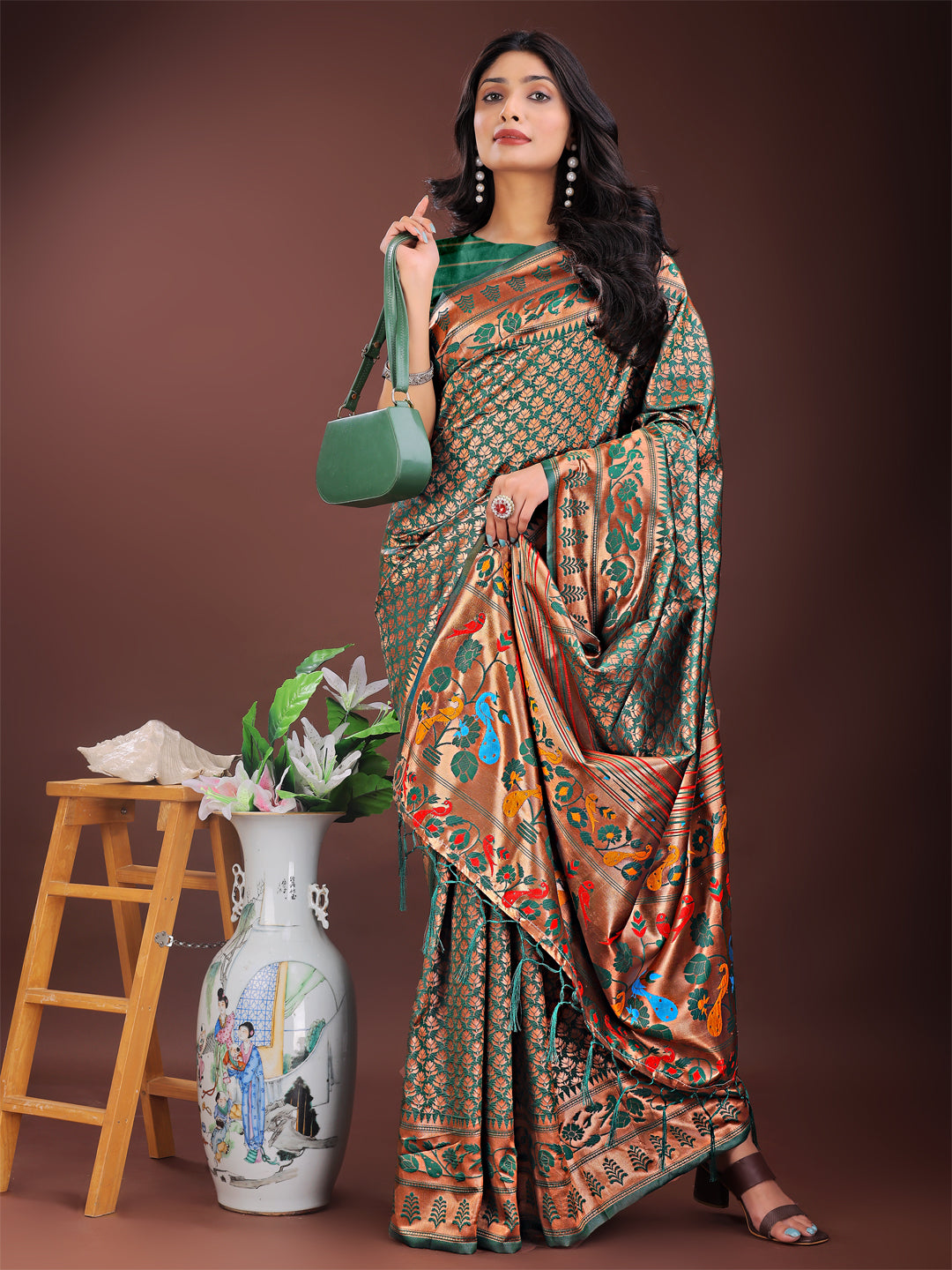 Astita Vibrant Copper & Green Banarasi Silk Saree with Colorful Pallu - Perfect Blend of Tradition and Festive Elegance | Swadesiicart