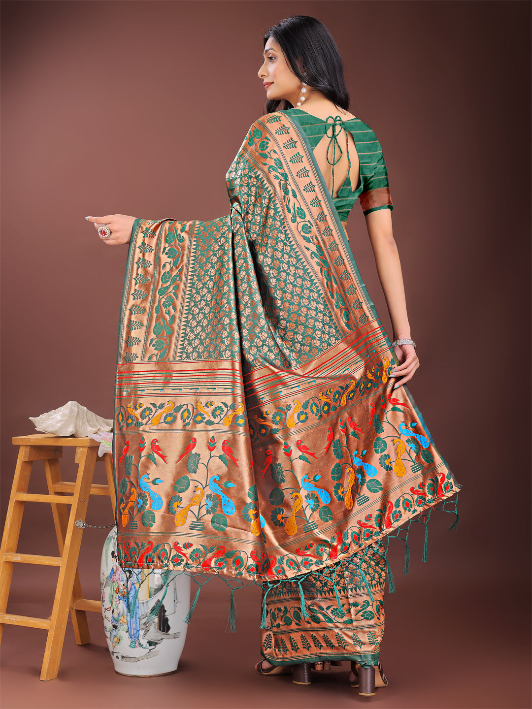 Astita Vibrant Copper & Green Banarasi Silk Saree with Colorful Pallu - Perfect Blend of Tradition and Festive Elegance | Swadesiicart
