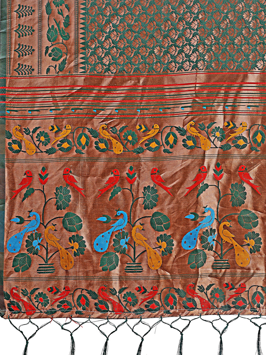 Astita Vibrant Copper & Green Banarasi Silk Saree with Colorful Pallu - Perfect Blend of Tradition and Festive Elegance | Swadesiicart