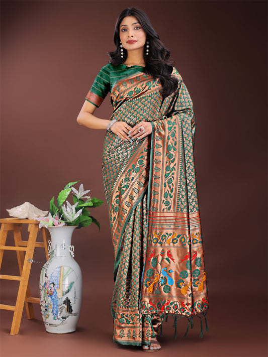 Astita Vibrant Copper & Green Banarasi Silk Saree with Colorful Pallu - Perfect Blend of Tradition and Festive Elegance | Swadesiicart