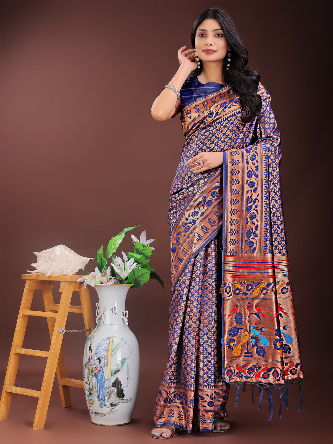 Astita Vibrant Copper & Navy Blue Banarasi Silk Saree with Colorful Pallu - Perfect Blend of Tradition and Festive Elegance | Swadesiicart