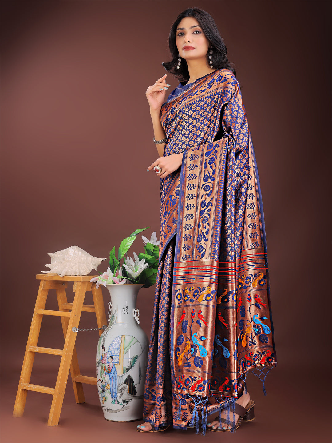 Astita Vibrant Copper & Navy Blue Banarasi Silk Saree with Colorful Pallu - Perfect Blend of Tradition and Festive Elegance | Swadesiicart