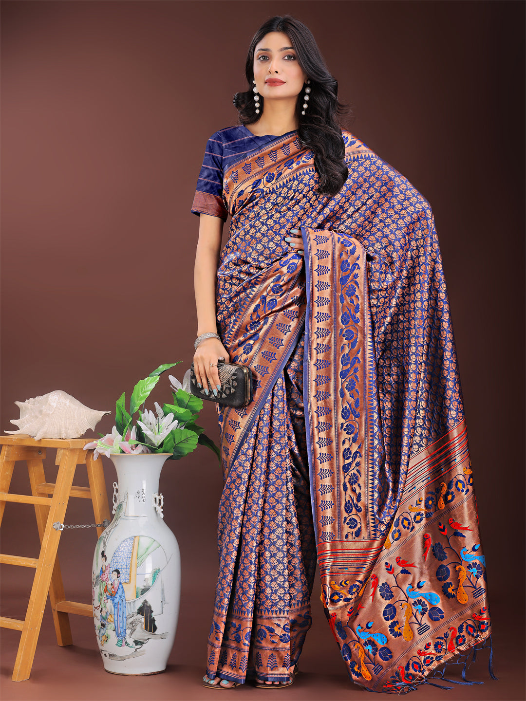 Astita Vibrant Copper & Navy Blue Banarasi Silk Saree with Colorful Pallu - Perfect Blend of Tradition and Festive Elegance | Swadesiicart