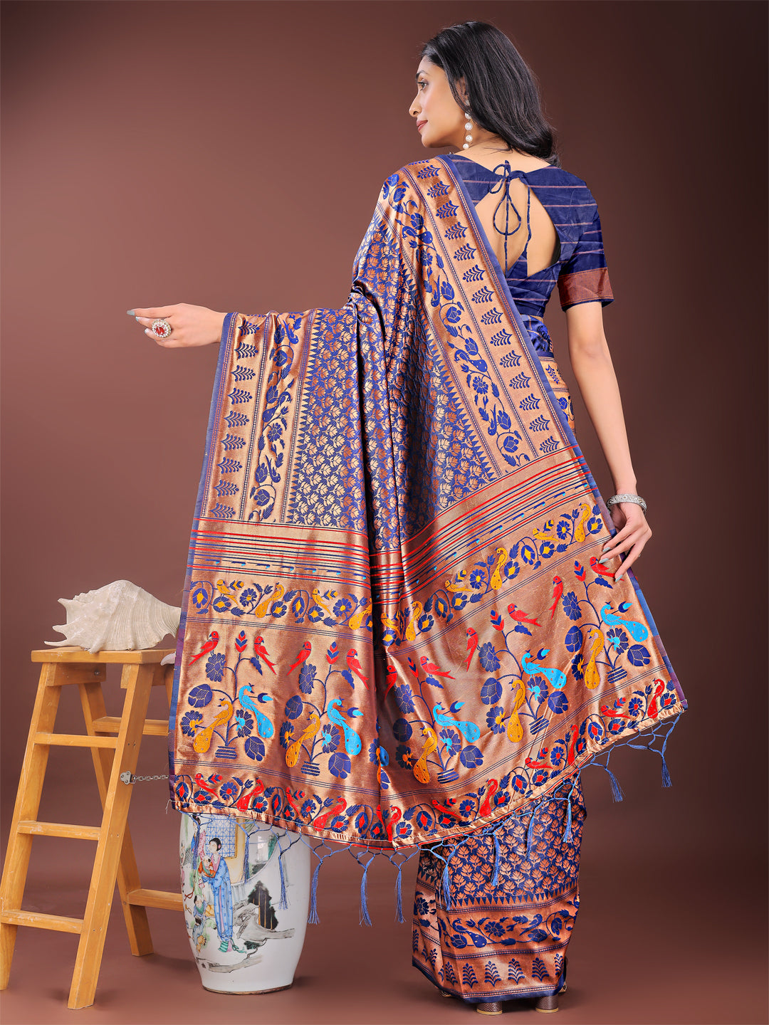 Astita Vibrant Copper & Navy Blue Banarasi Silk Saree with Colorful Pallu - Perfect Blend of Tradition and Festive Elegance | Swadesiicart