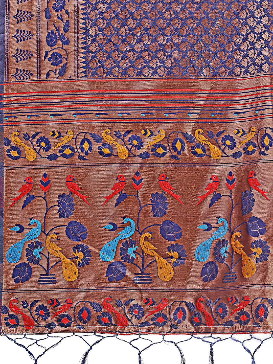 Astita Vibrant Copper & Navy Blue Banarasi Silk Saree with Colorful Pallu - Perfect Blend of Tradition and Festive Elegance | Swadesiicart