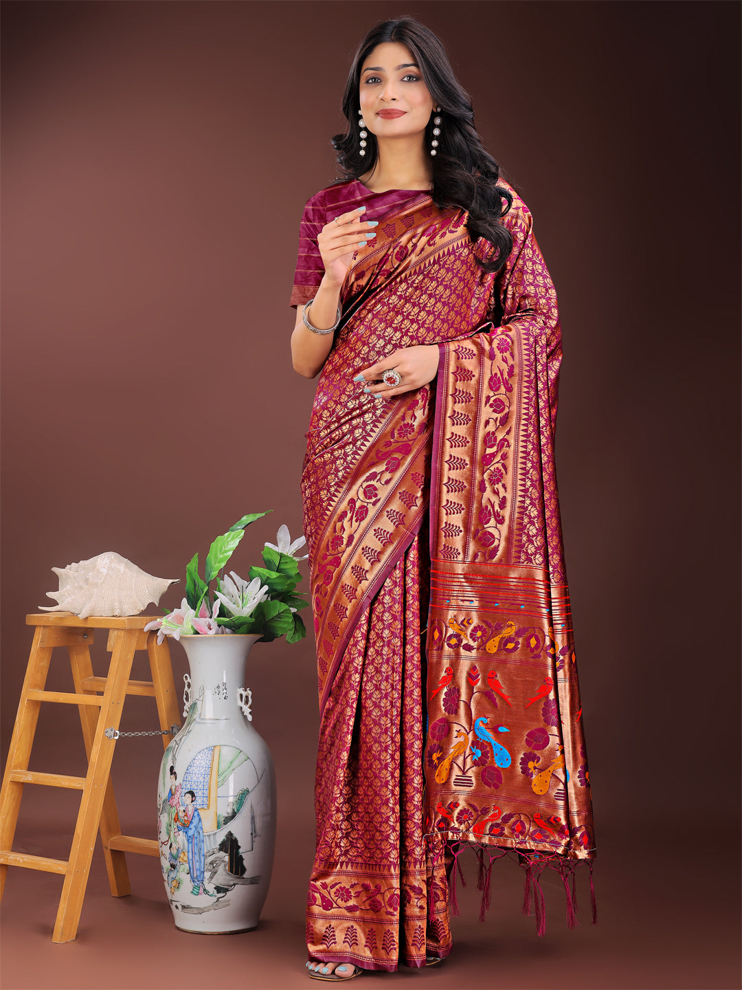 Astita Vibrant Copper & Magenta Banarasi Silk Saree with Colorful Pallu - Perfect Blend of Tradition and Festive Elegance | Swadesiicart