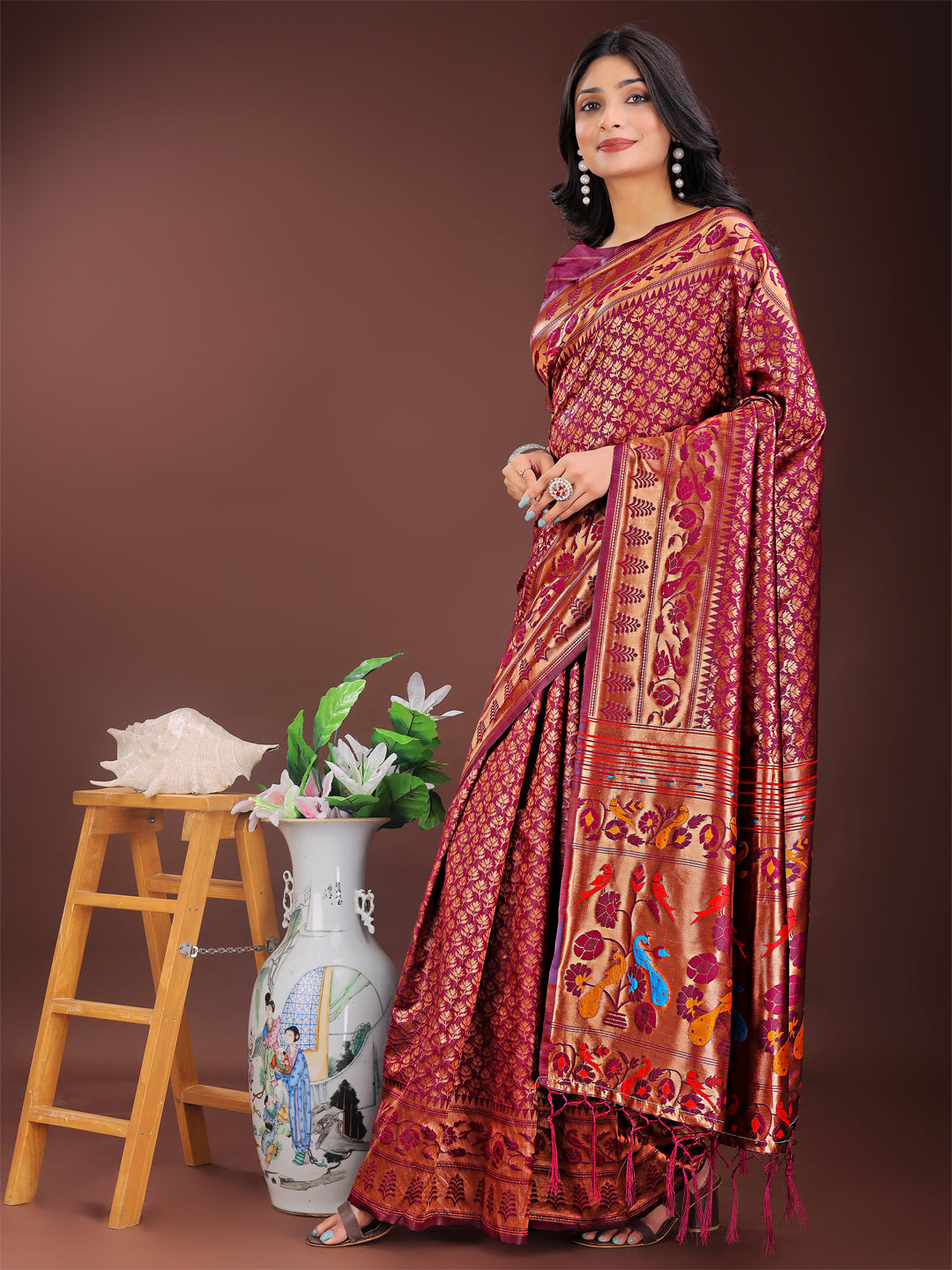 Astita Vibrant Copper & Magenta Banarasi Silk Saree with Colorful Pallu - Perfect Blend of Tradition and Festive Elegance | Swadesiicart