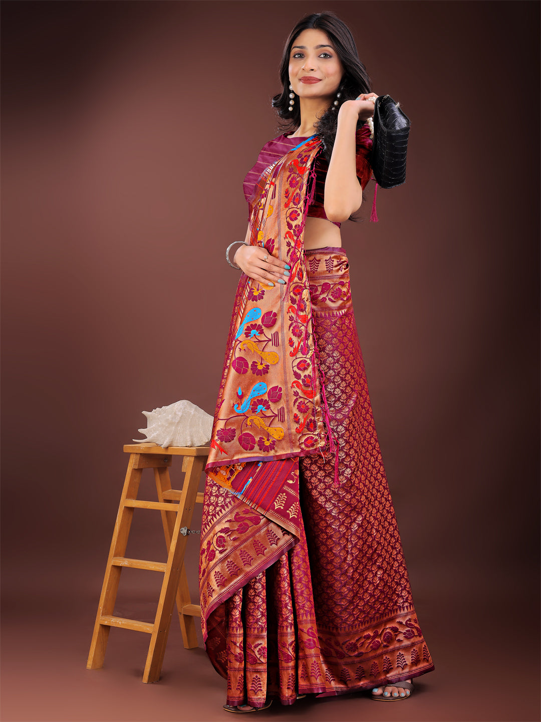 Astita Vibrant Copper & Magenta Banarasi Silk Saree with Colorful Pallu - Perfect Blend of Tradition and Festive Elegance | Swadesiicart