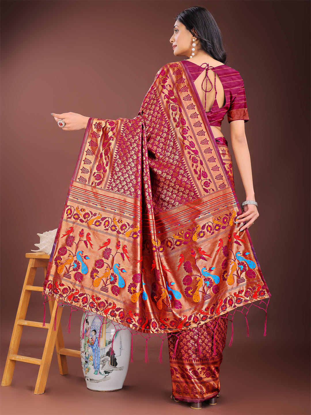 Astita Vibrant Copper & Magenta Banarasi Silk Saree with Colorful Pallu - Perfect Blend of Tradition and Festive Elegance | Swadesiicart