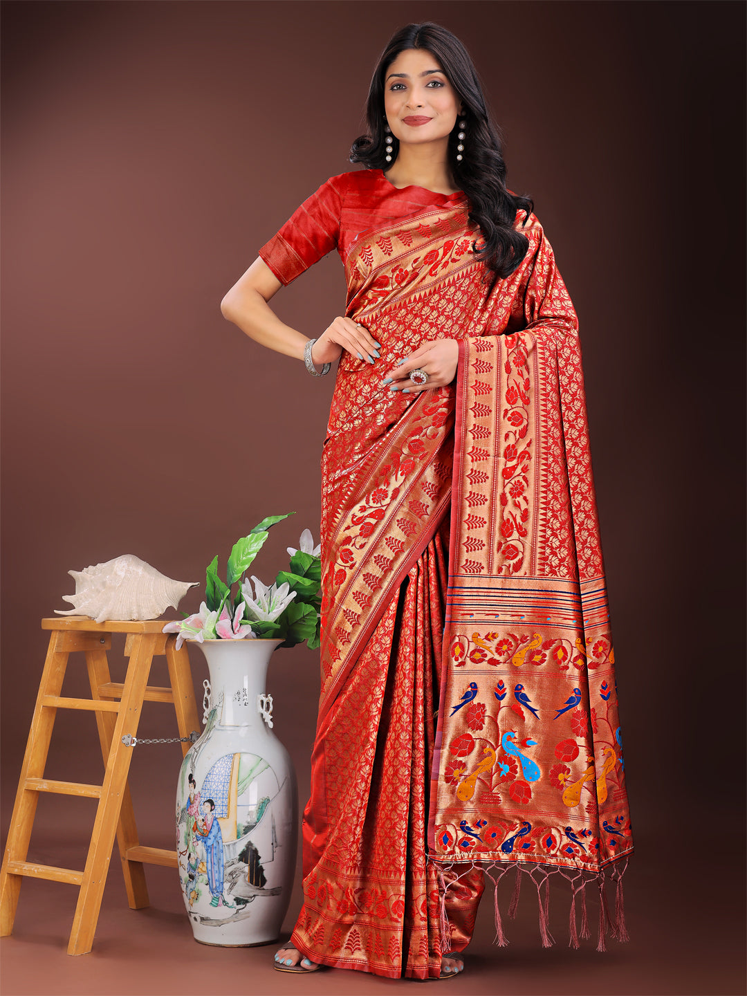 Astita Vibrant Copper & Red Banarasi Silk Saree with Colorful Pallu - Perfect Blend of Tradition and Festive Elegance | Swadesiicart
