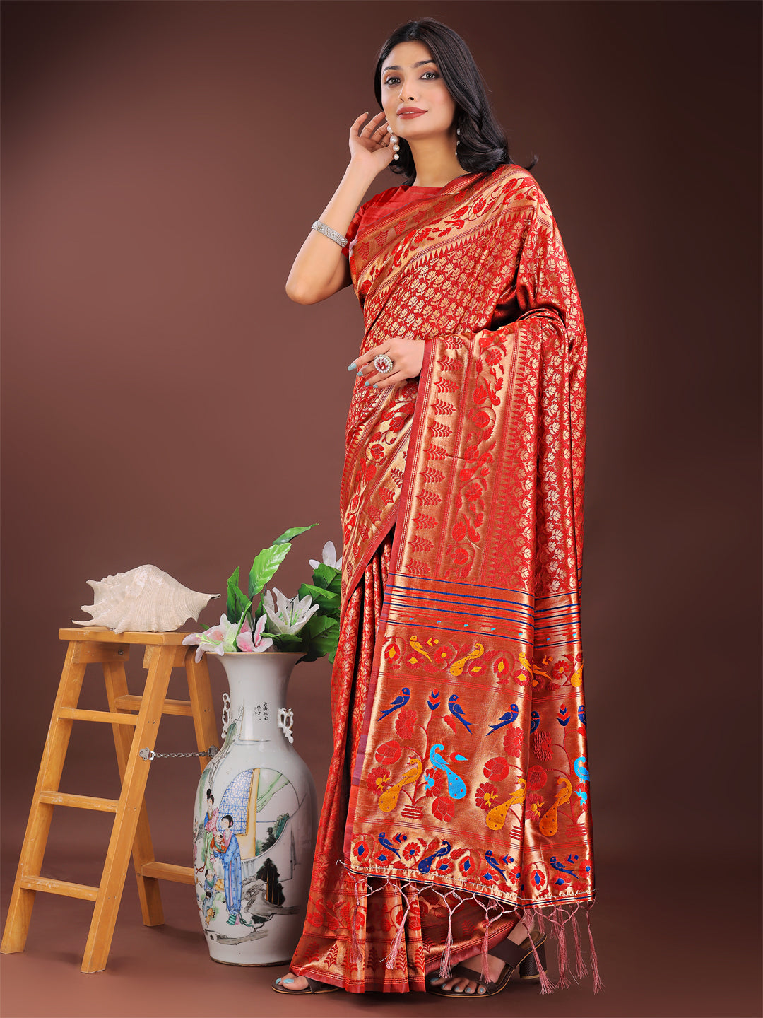 Astita Vibrant Copper & Red Banarasi Silk Saree with Colorful Pallu - Perfect Blend of Tradition and Festive Elegance | Swadesiicart