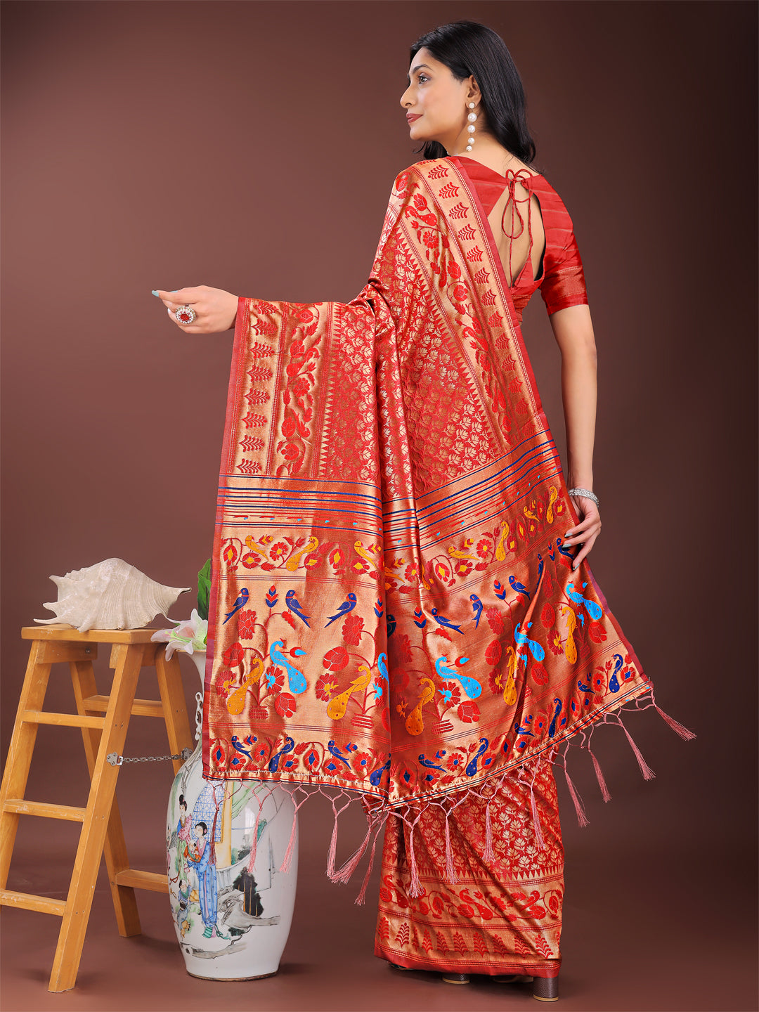 Astita Vibrant Copper & Red Banarasi Silk Saree with Colorful Pallu - Perfect Blend of Tradition and Festive Elegance | Swadesiicart