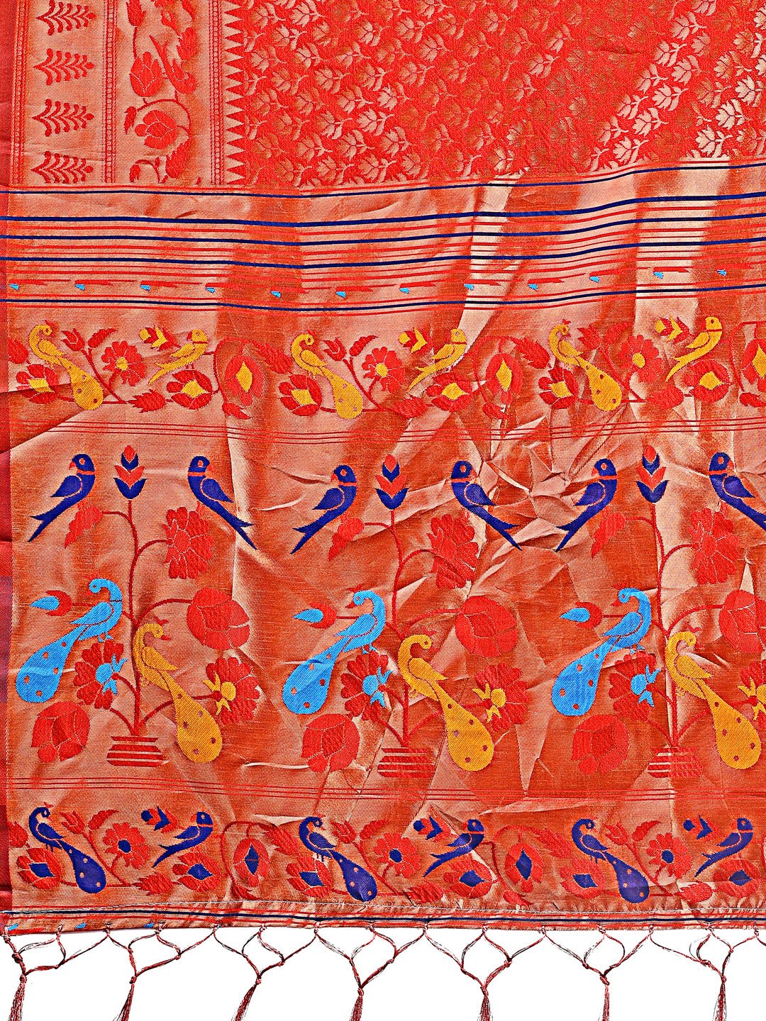 Astita Vibrant Copper & Red Banarasi Silk Saree with Colorful Pallu - Perfect Blend of Tradition and Festive Elegance | Swadesiicart
