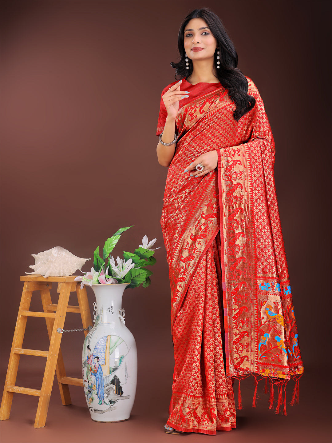 Astita Fiery Red Banarasi Silk Saree with Gold Zari and Colorful Pallu - Perfect for Bridal,Wedding & Festive Glamour | Swadesiicart