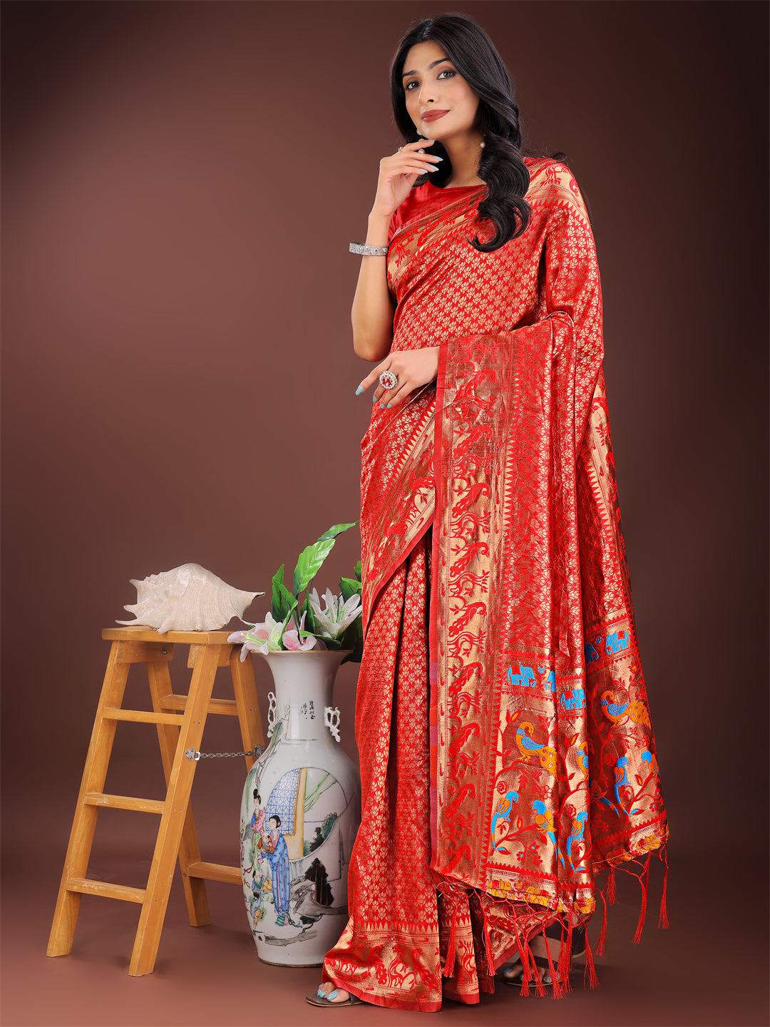 Astita Fiery Red Banarasi Silk Saree with Gold Zari and Colorful Pallu - Perfect for Bridal,Wedding & Festive Glamour | Swadesiicart