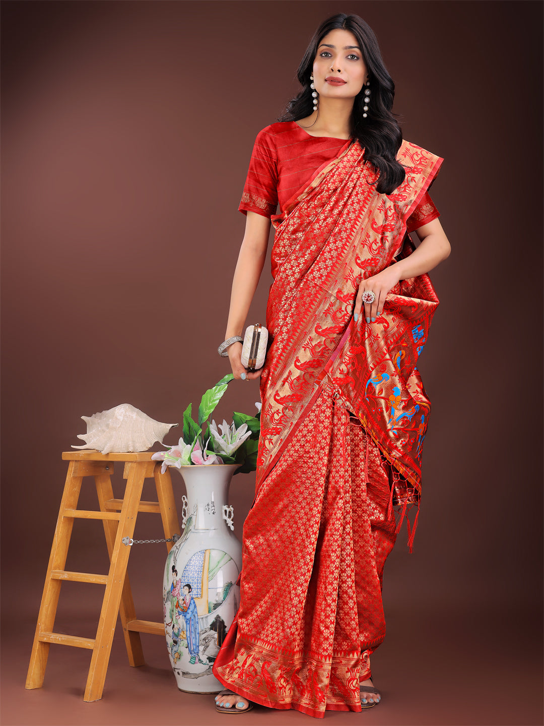 Astita Fiery Red Banarasi Silk Saree with Gold Zari and Colorful Pallu - Perfect for Bridal,Wedding & Festive Glamour | Swadesiicart