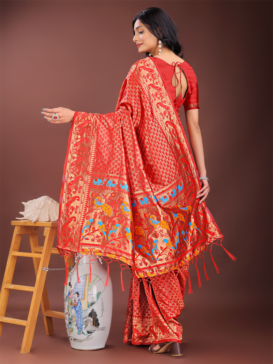Astita Fiery Red Banarasi Silk Saree with Gold Zari and Colorful Pallu - Perfect for Bridal,Wedding & Festive Glamour | Swadesiicart